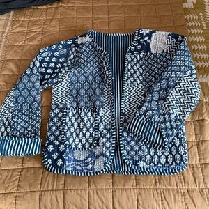 Indigo Patterned Quilted Jacket - Women's Open Front Coat